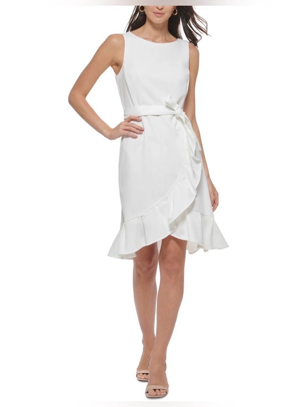 Calvin Klein White Sleeveless Ruffle Wrap Midi Dress with Tie Waist